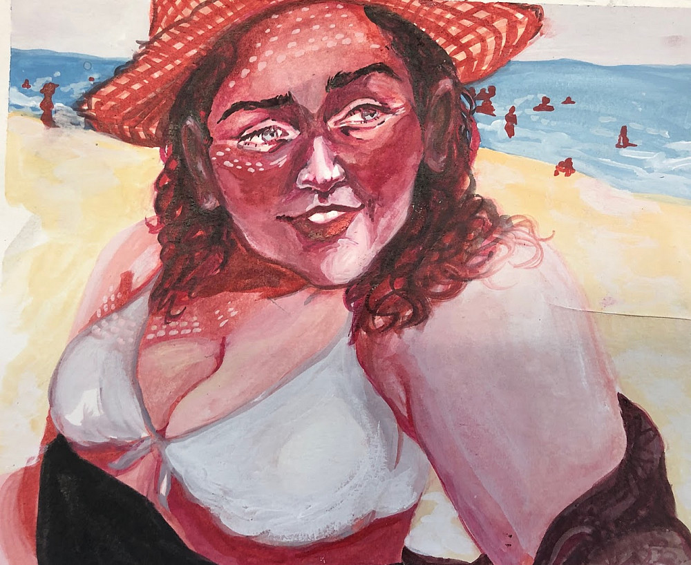 Maddy Obry, Gigi at the Rockaways, 2019, Gouache on paper, 9 x 7 ©Maddy Obry