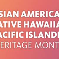 Asian American, Native Hawaiian, Pacific Islander Heritage Month logo. White lettering on a gradient orange and light purple background.