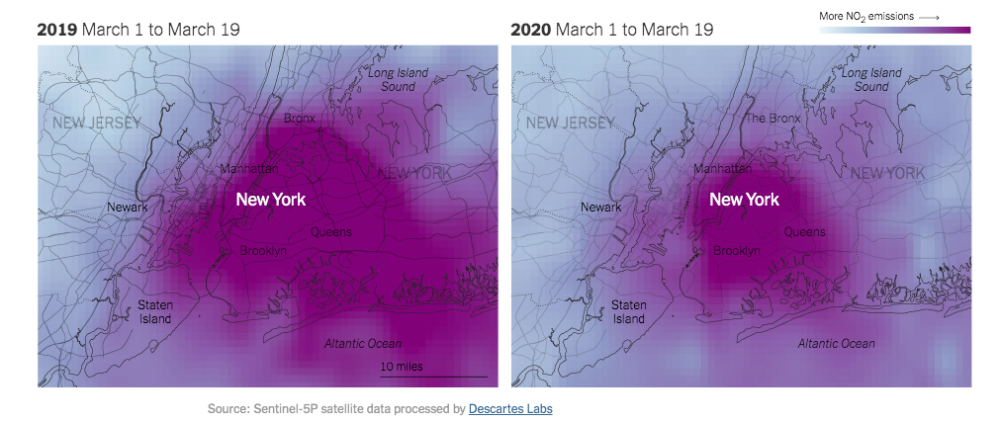 Satellite imagery comparing NO2 levels in NYC from March 2019 and March 2020