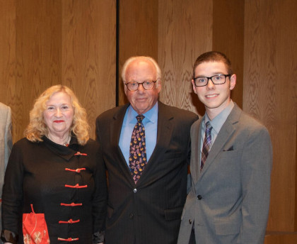 Jandon Lecture 2016, (from left to right) Ruby Lerner, speaker, President Thomas Schwarz, and Jonathan Stafford, student winner.
