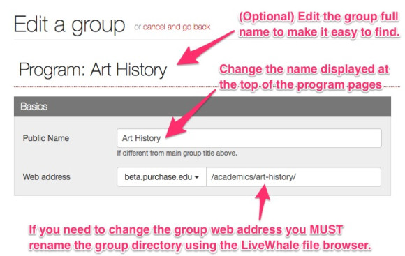 Step 3: Change the group public name and Step 4 (optional): Change the web address