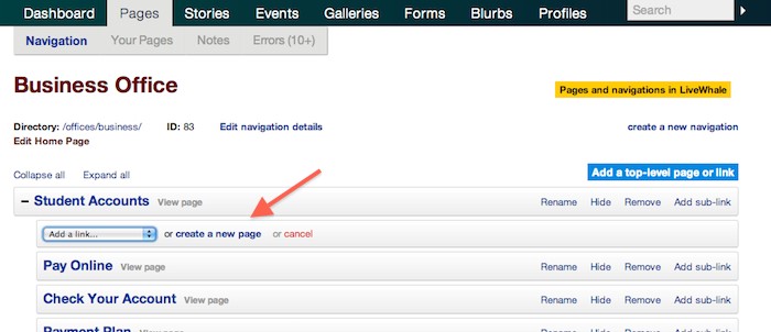 Create a page from the navigation interface in LiveWhale on Purchase.edu