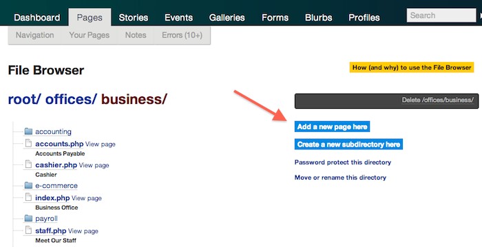 Create a page, independent of navigations in LiveWhale on Purchase.edu