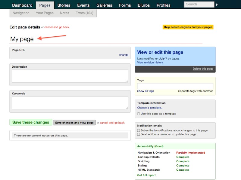 Replace the title in edit page details LiveWhale CMS on Purchase.edu