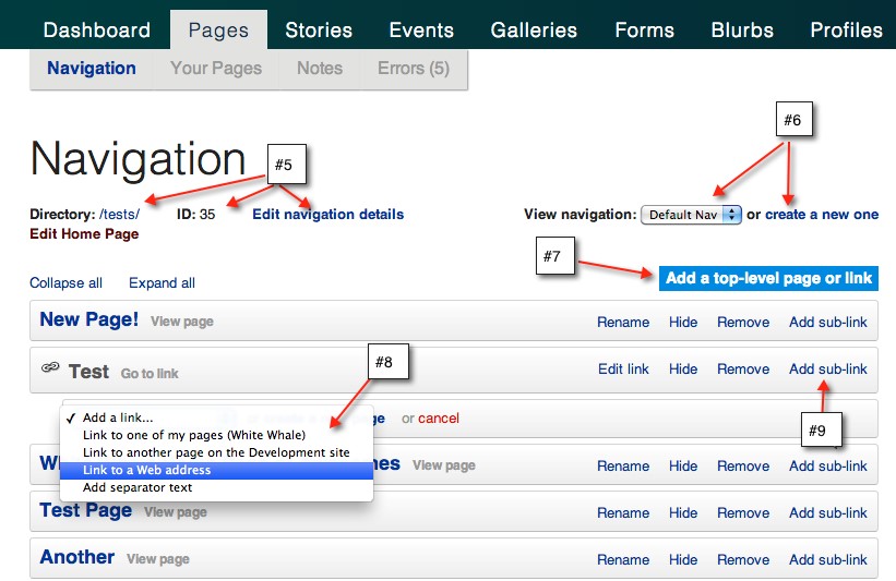 The Navigation View for Adding or Editing Sidebar Navigation in Live Whale on Purchase.edu