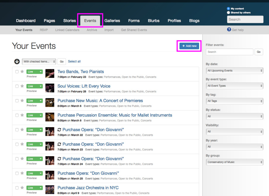 Events tab in the dashboard