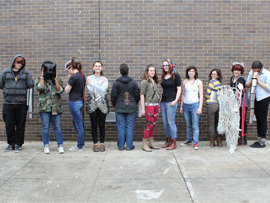 Foundation Students wearing their “Body Extension” projects from 3-D Processes