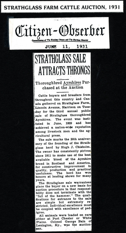 A June 11, 1931 newspaper reported throngs of cattle buyers and breeders at a Strathglass Farm Cattle Auction, looking for thoroughbred Ayrshires, which the farm was famous for.