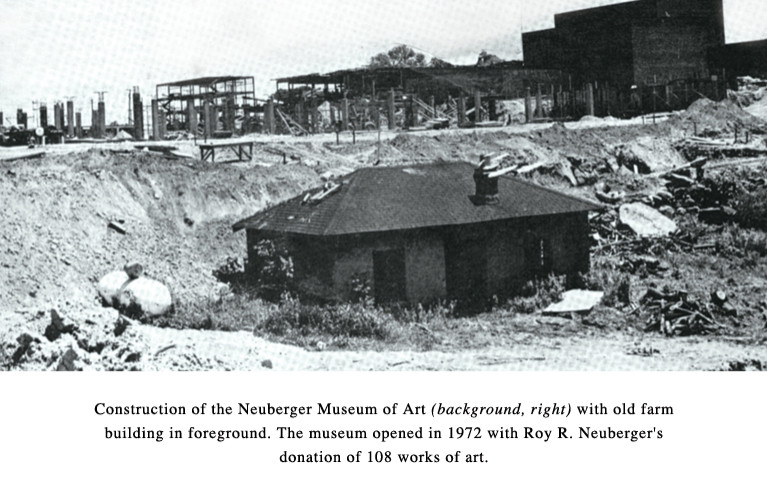 Construction of Neuberger Museum Art (background right) with old farm building foreground. The museum opened in 1972 with Roy R. Neuberger's donation of 108 works of art.