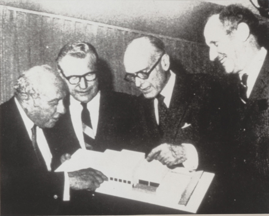 This picture shows August Heckscher, then New York City Parks Commissioner, examining the model at the opening of the exhibition “Architecture for the Arts: The State University of New York College at Purchase,” held in the Philip L. Goodwin Galleries for Architecture and Design of Modern Art, May 1971.