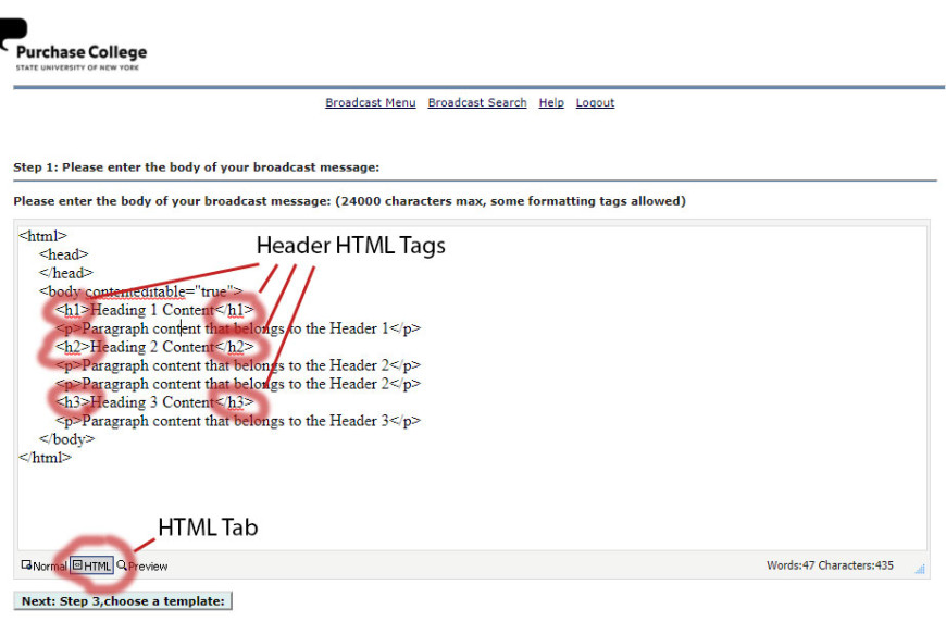 In the html tab of the broadcast email system, add html header tags to your email.