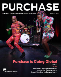 Cover of Winter 2019 issue of PURCHASE Magazine (image of Angélique Kidjo dancing on stage with a member of Benin International Music en...