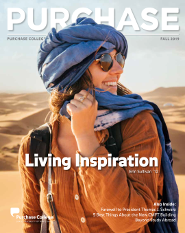 Cover of PURCHASE Magazine Fall 2019 Issue (Erin Sullivan '12 in the desert with sunglasses and a...