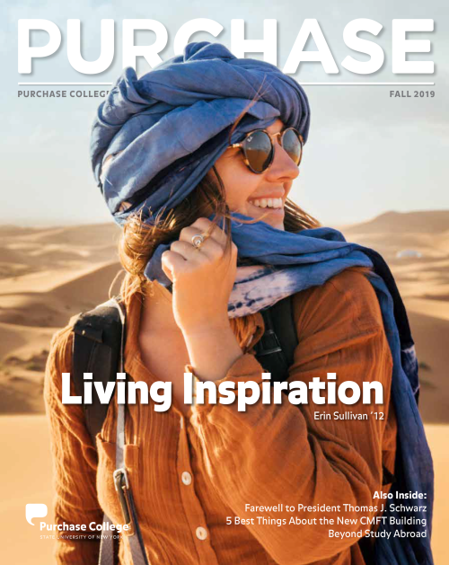 Cover of PURCHASE Magazine Fall 2019 Issue (Erin Sullivan '12 in the desert with sunglasses and a head scarf)