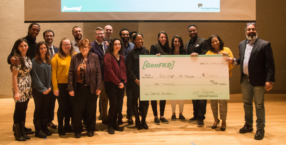 All participants of the second annual Start Up Purchase Pitching Competition with oversized check
