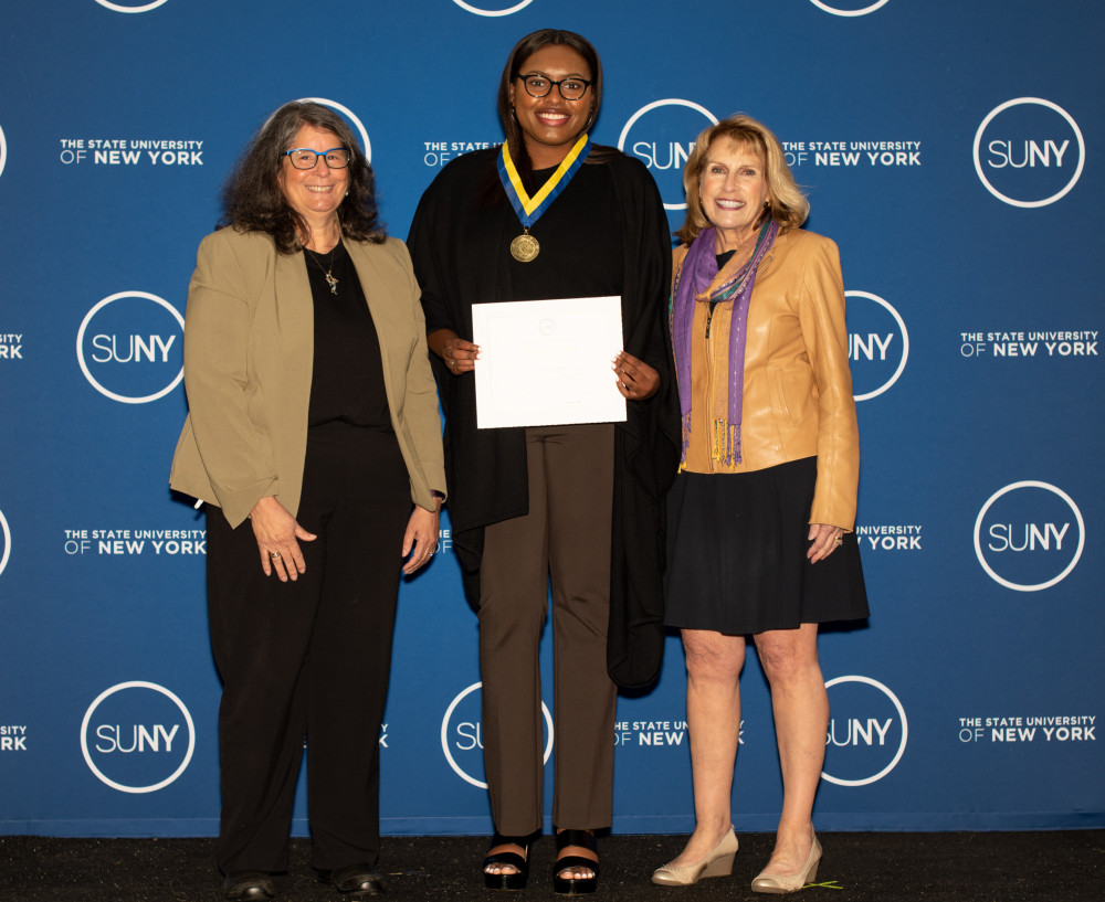 Laila Wilson '22, SUNY Chancellor's Award Winner with Purchase College President Milly Peña (...