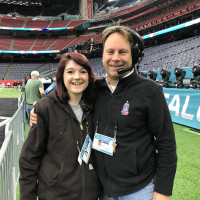 Design Tech student Megan Seibel with her professor Dave Grill at the Super Bowl