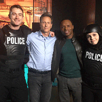 Robert Buckley; Steven Weber '83; Malcolm Goodwin '03; and Rose McIver in the CW's iZombie