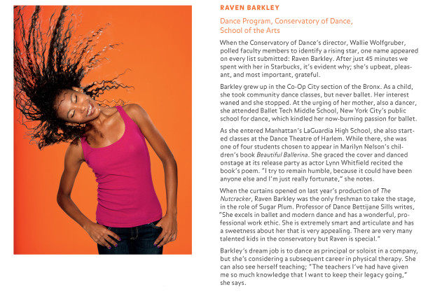 Feature story on Raven Barkley '15 from p16 of the Fall 2012 issue of PURCHASE Magazine