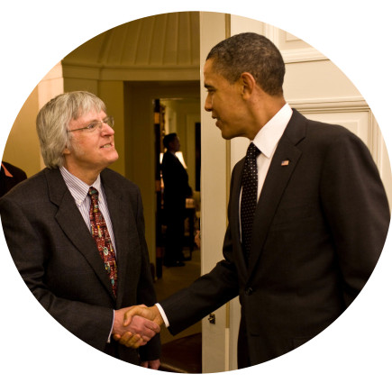 President Barack Obama and Joe Skrivanek, Distinguished Service Professor of Chemistry, welcomes ...