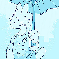 A rabbit in a hospital gown holding an umbrella.
