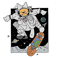 A cartoon cat in a spacesuit, on a skateboard.