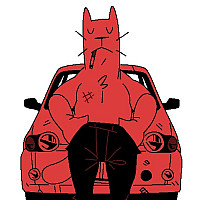 Cat in front of a car smoking a cigarette