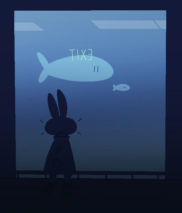 Rabbit staring at two fish beneath a reverse exit sign.