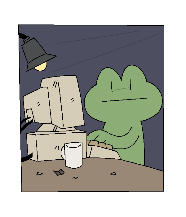 Frog hard at work at a computer.