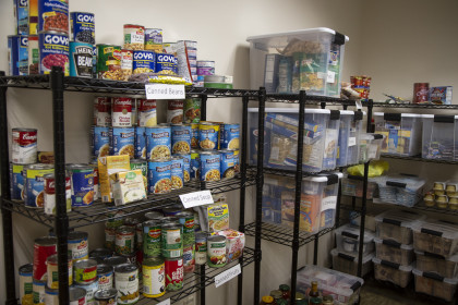Stocked shelves in the Food Pantry