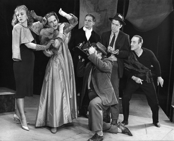 Rosemary Daley, Eulalie Noble, Michael Higgins, Richard Kuss, James Ray, and Basil Rathbone in Archibald MacLeish's Pulitzer Prize-winnin...
