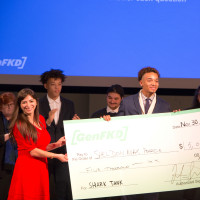 Purchase College Startup Pitching Competition: Front (holding the check): Liya Palagashvili (economics professor), Sheldon “Max Pea...
