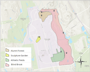 Aerial map of our four fragment sites within SUNY Purchase. Our four study sites are Blind Brook, Athletic Fields, Alumni Forest, and Scu...