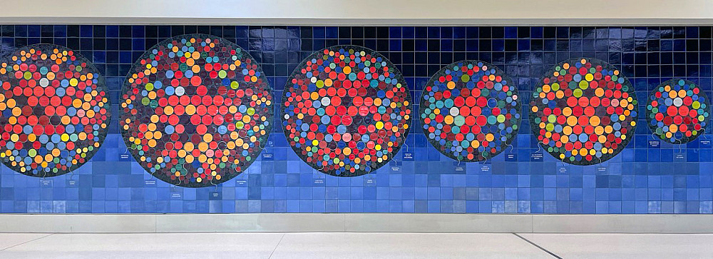 Mariam Ghani's The Worlds We Speak (debossed, glazed, handmade ceramic tile; brushed steel; approx. 365 sq...