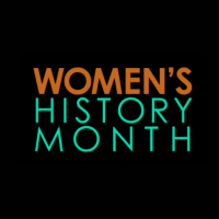    Women's History Month logo (orange and green/blue text on a black background) 