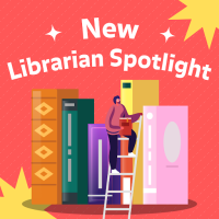 Square image with bright pink background and white text that reads New Librarian Spotlight. Image features a cartoon image of a librarian...