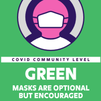 Image of a masked person in front of a green background above the words: Covid Community Level Green: Masks are optional but encouraged.
