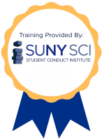 This is an image of a gold and blue ribbon with a white center.  In the middle it says Training Provided by SUNY SCI.