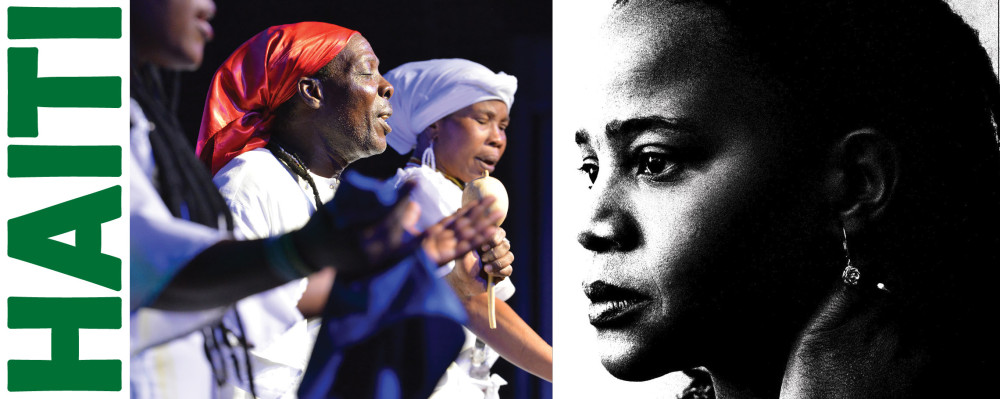 Haiti Landing Header, Haiti in green lettering on the left, musical performance in the middle, Edwidge Danticat headshot on the right