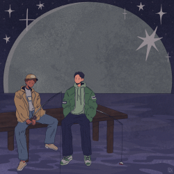 Two guys fishing in the night