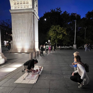 Frankie Bademci '23, hear no evil, see no evil (2022), public performance, Washington Square Park...