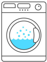 white washing machine with blue water and bubbles on white background