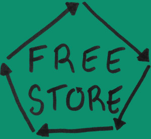 Free Store written in black in a pentagon on green background