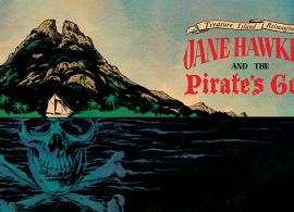 A graphic novel style drawing of a volcano and a sailing ship
