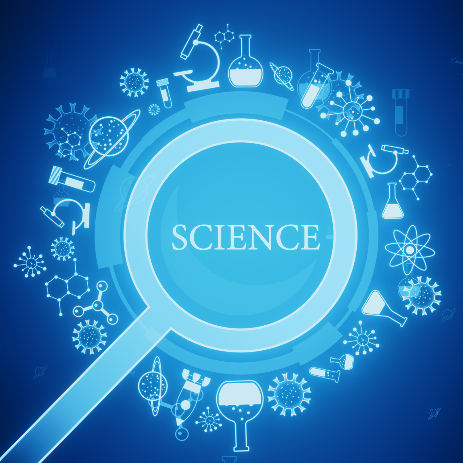 Science themed symbols on a blue digital background, abstract style, depicting various scientific icons and concepts. 3D Rendering