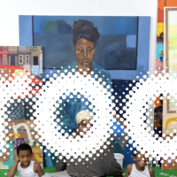 A group of people sit on a green floor in front of colorful portrait paintings. The word PROOF in bold, don fl