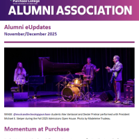 the text Alumni eUpdates November/December 2025 above an image of a jazz trio on stage.