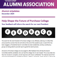 Banner and lead story for the December edition of the Purchase College Alumni Association monthly e-newsletter