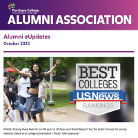 Banner and lead story for the October 2025 edition of the Purchase College Alumni Association monthly e-newsletter