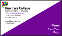 Rectangular image with the Purchase College logo and contact information with a large purple triangle and space for alumni ID information
